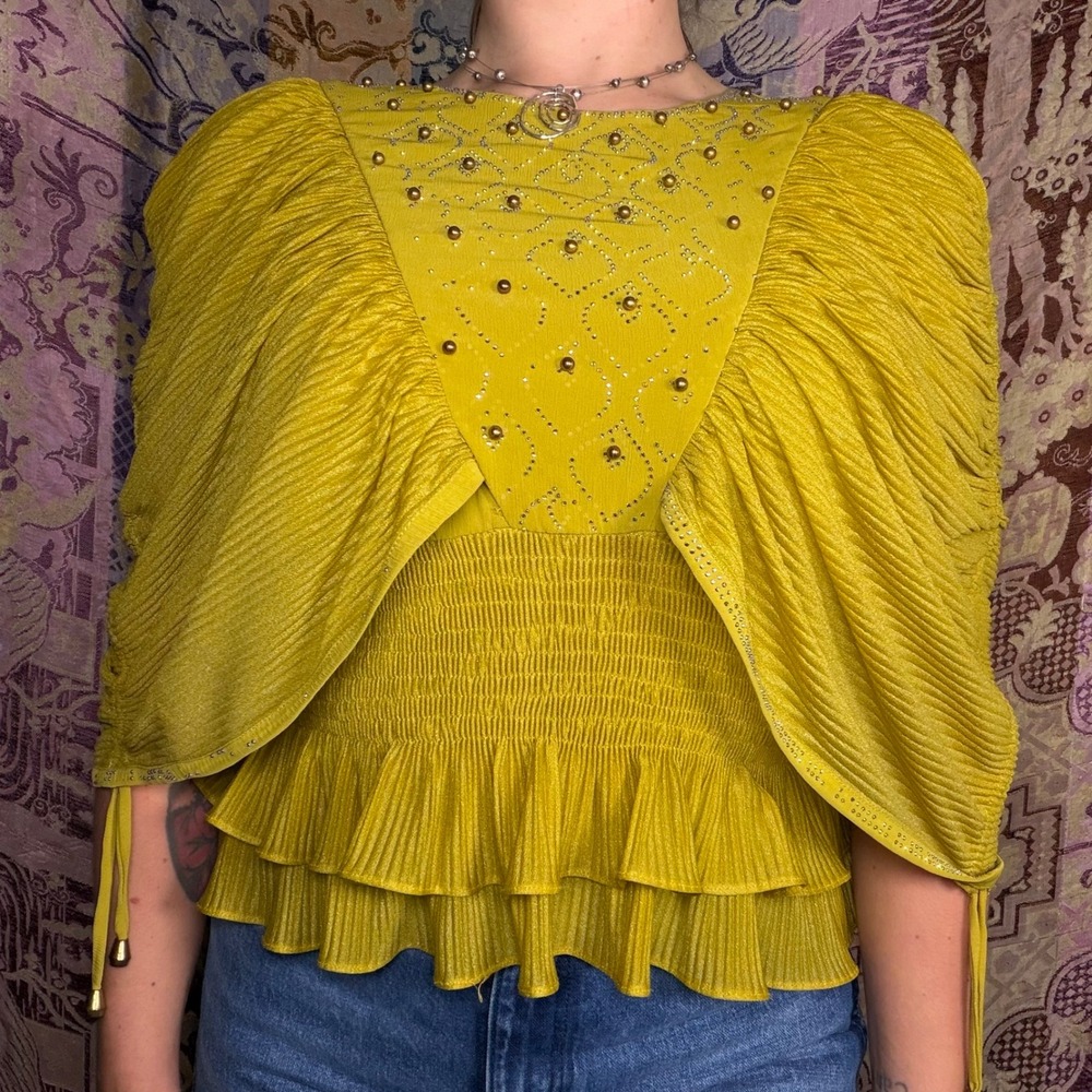 Chartreuse Gold Unique Beaded Whimsy Fairy Bohemian Chic Women's Top Size M - Picture 13 of 16